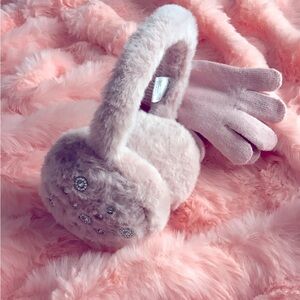 NEW Valentine 💘 Idea Girls Soft Faux Fur Earmuffs + Gloves Cute with Crystals